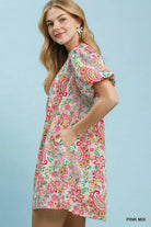 Umgee Pink Mix Paisley Floral Puff Sleeve Shift Dress