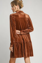 Umgee Copper Textured Tiered Collared Long Sleeve Dress Dresses