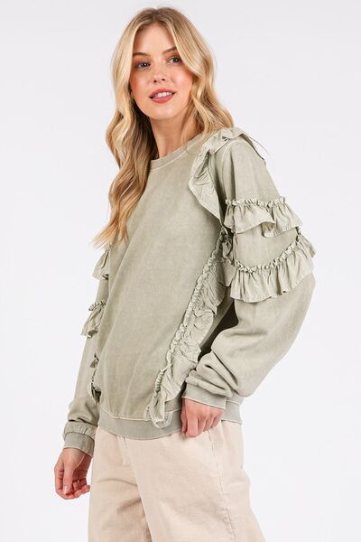 Mittoshop Sage Ruffled Mineral Washed Round Neck Long Sleeve Sweatshirt