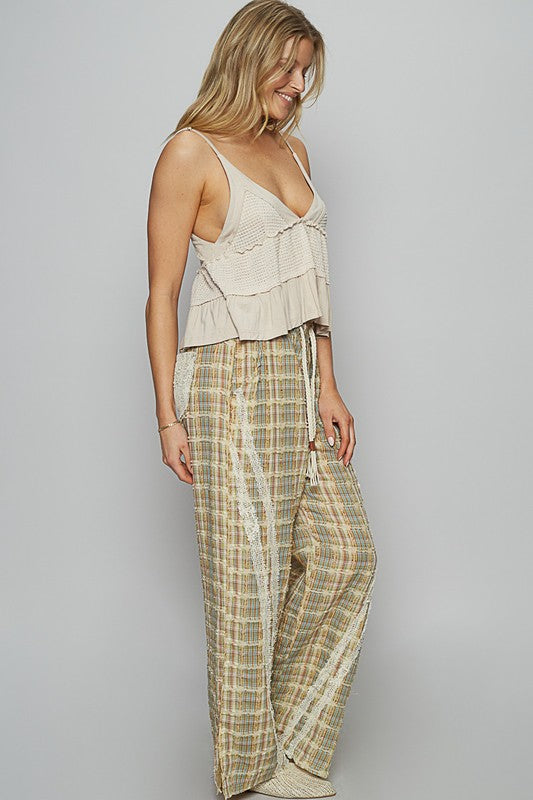 POL Lace Trim Drawstring Checkered Wide Leg Pants in Sage