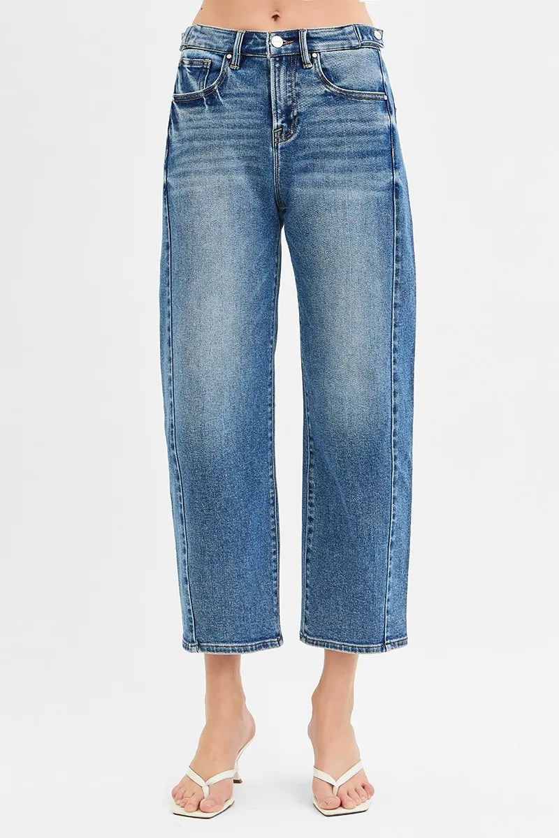 RISEN High Rise Crop Length Barrel Adjustable Waist Band Jeans