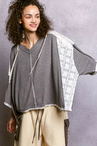 POL Grey Short Sleeve Hoodie Top with Lace Detail