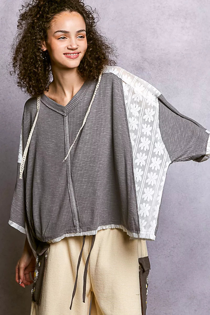 POL Grey Short Sleeve Hoodie Top with Lace Detail