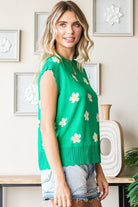 First Love Green Flower Pattern Round Neck Sweater Vest Trendsi