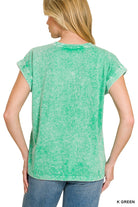 Zenana Kelly Green Halo Snow Washed Cuffed Short Sleeve Tee