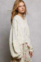 POL Off White V-Neck Long Sleeve Top with Stitch Detail