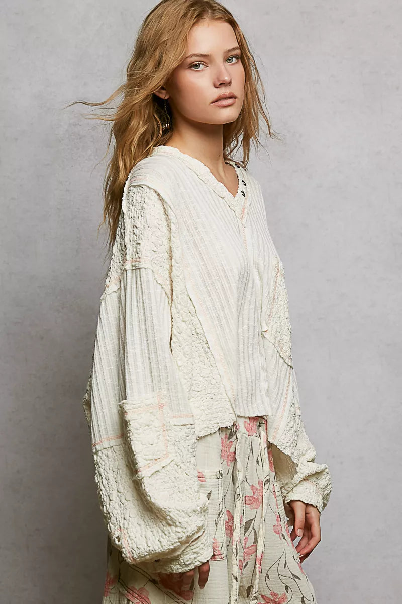 POL Off White V-Neck Long Sleeve Top with Stitch Detail