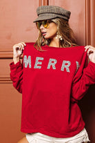 BiBi Red Merry Glitter Christmas Drop Shoulder Top