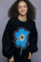 POL Floral Pattern Round Neck Sweater with Exposed Stitching Black