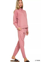 Zenana Light Rose Scuba Half Zip Pullover and Jogger Set