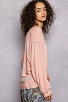 POL Blush Pink Round Neck Long Sleeve Exposed Seam Top with Chest Pocket
