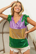 BiBi Mardi Gras Sequin Color Block Ruffled Top