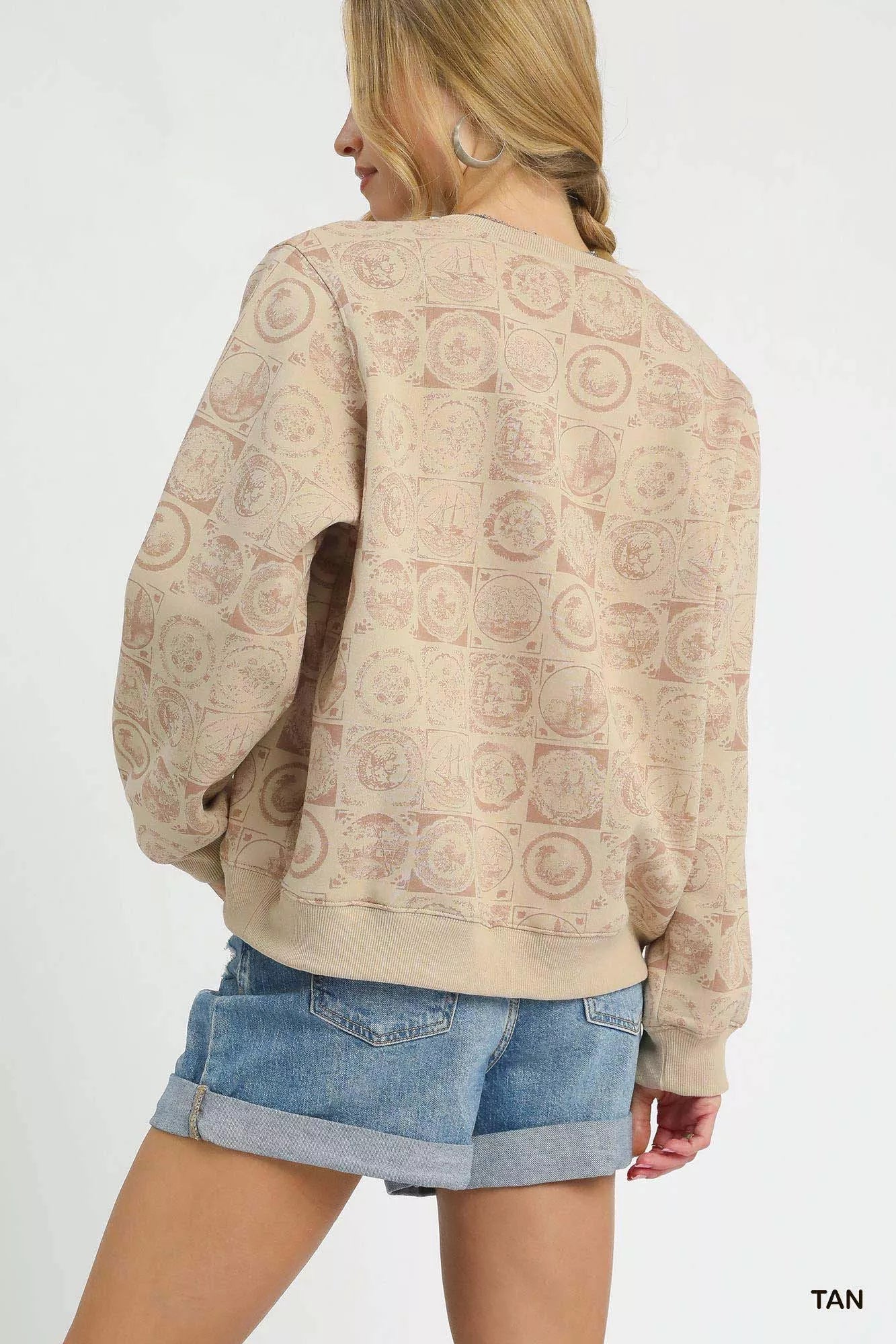 Umgee Tan Coin Stamp Print Sweatshirt