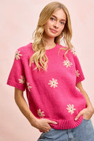 BiBi FuchsiaFlower Embroidered Short Sleeves Knit Top