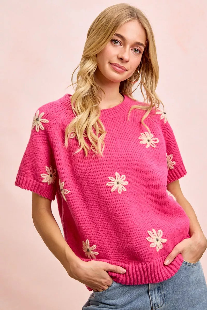 BiBi FuchsiaFlower Embroidered Short Sleeves Knit Top