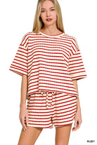 Zenana Striped Short Sleeve Tee & Shorts Set RUBY