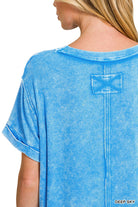 Zenana Deep Sky Washed Ribbed Cuffed Short Sleeve Round Neck Top