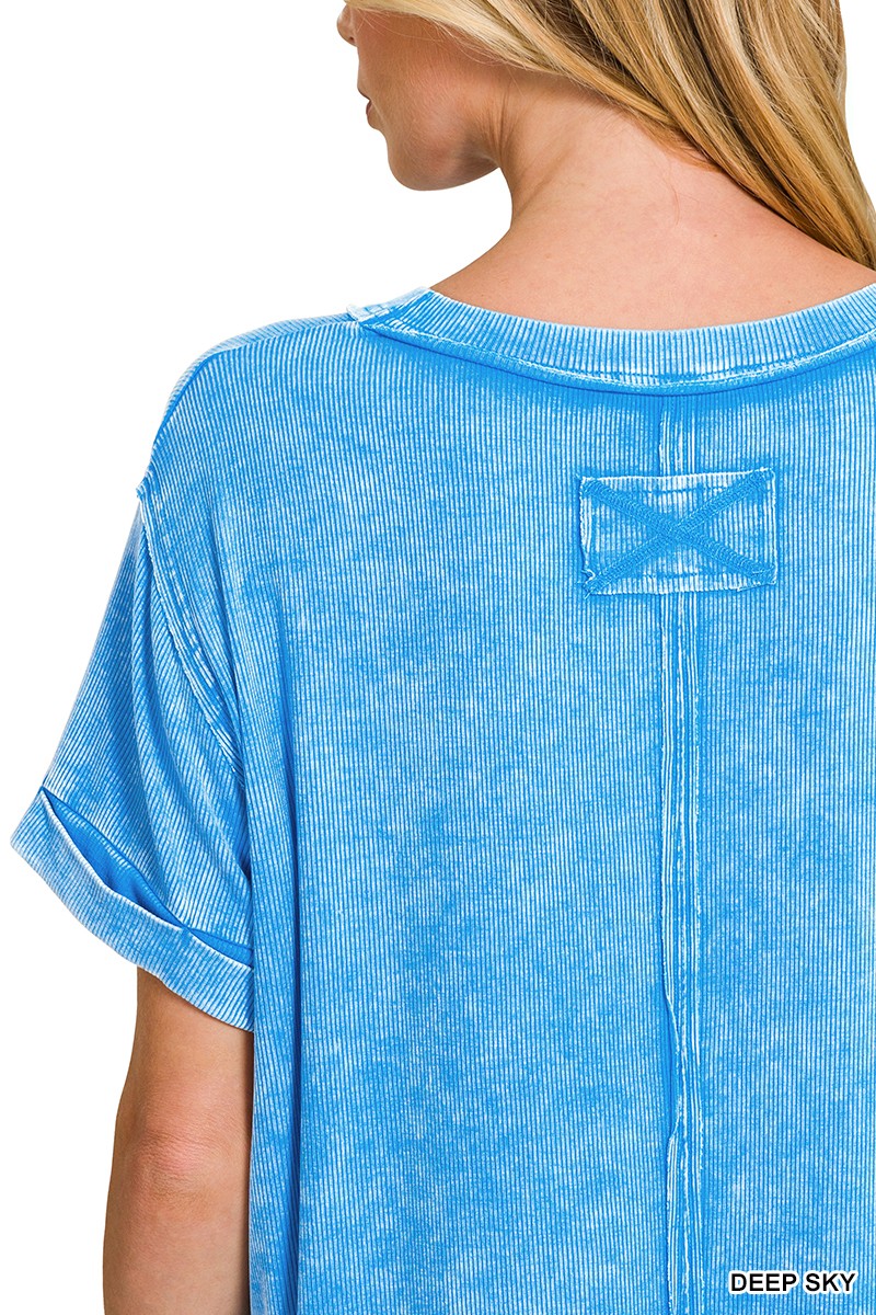 Zenana Deep Sky Washed Ribbed Cuffed Short Sleeve Round Neck Top