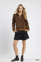 Umgee Camel Leopard Print Quarter-Zip Sweatshirt