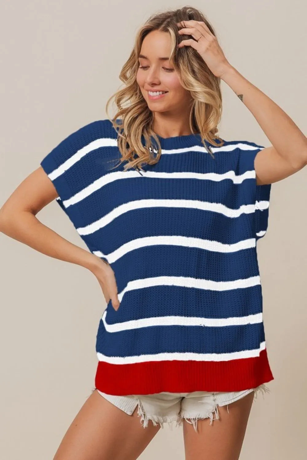 BiBi Fourth Of July Stripe Drop Shoulder Sweater NAVY WHITE RED