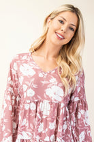 Celeste Mauve Tiered Floral V-Neck Long Sleeve Blouse