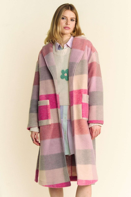 Davi & Dani Fuzzy Hot Pink Color Block Collared Neck Coat Hot Pink Multicolor Coats & Jackets