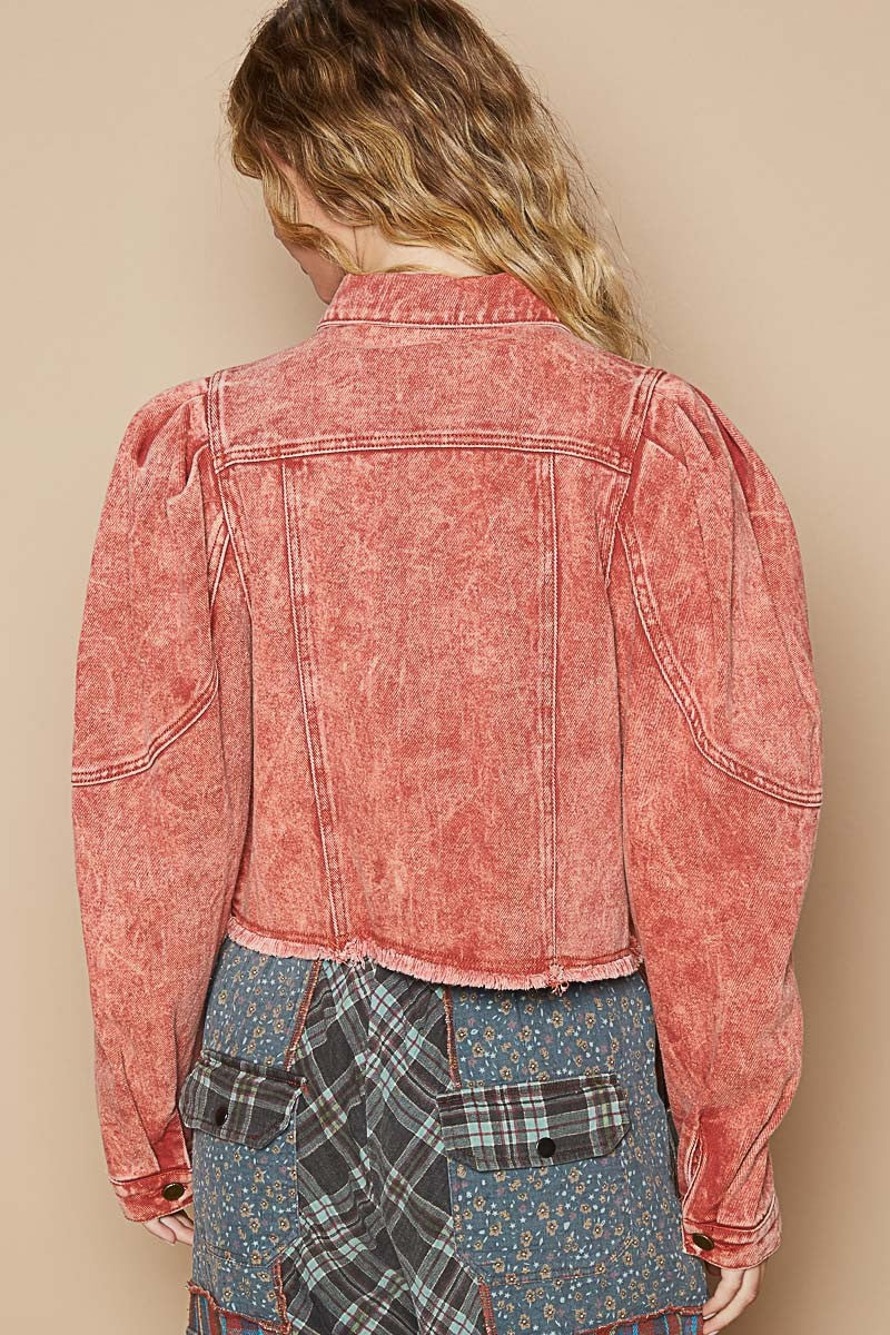 POL Brick Red Washed Raw Hem Button Up Cropped Denim Jacket Trendsi