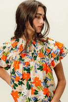 BiBi Cream & Multi Color Floral Print Woven Ruffle Sleeve Blouse