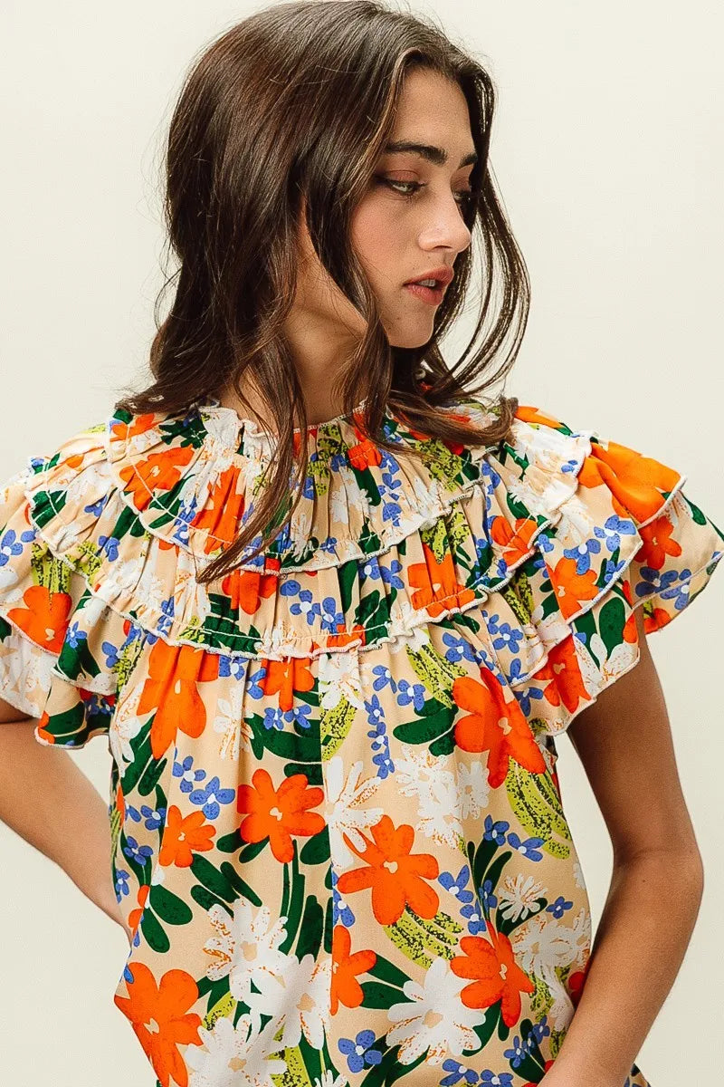 BiBi Cream & Multi Color Floral Print Woven Ruffle Sleeve Blouse