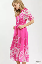 Umgee Peony Print Floral Print Tie Waist Midi Dress with Side Pockets