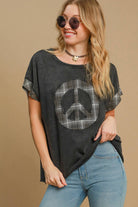 Umgee Black & Plaid Washed Peace Applique Round Neck French Terry Top Black Shirts & Tops