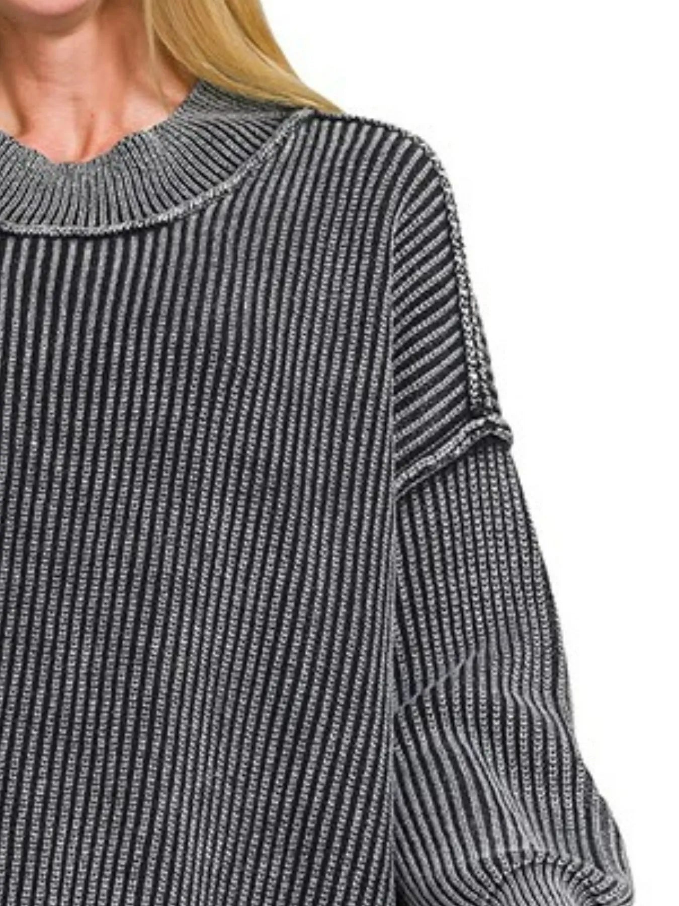 Zenana Black Washed Side Slit Oversized Sweater