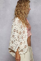 POL Openwork V-Neck Chenille Cardigan with Contrast Floral