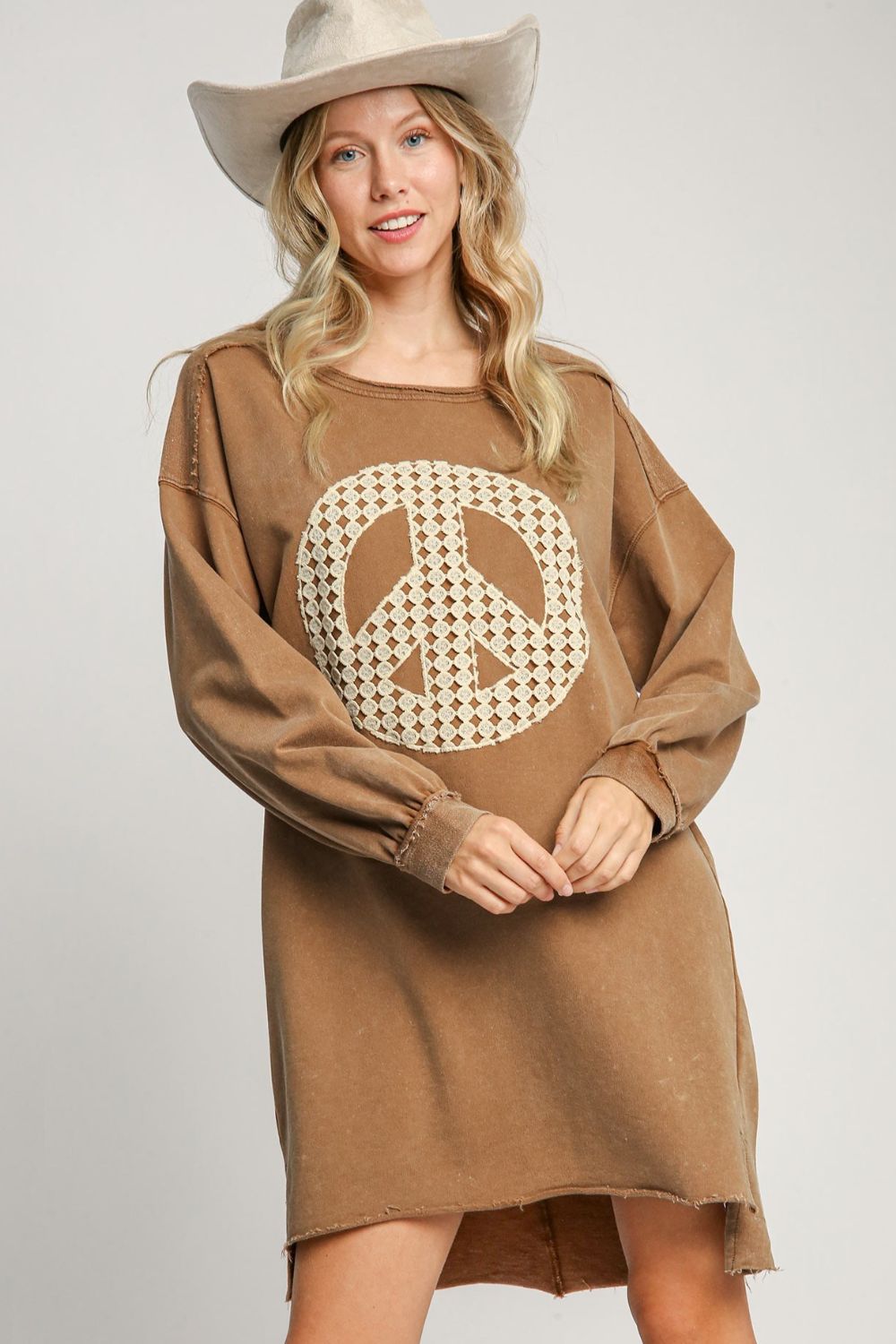 Umgee Caramel Peace Lace Applique Frayed Hem French Terry Mini Dress Caramel Dresses