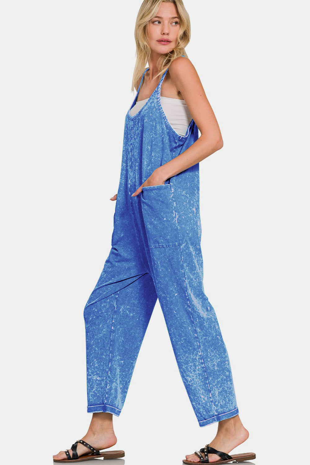 Zenana Classic Blue Acid Washed Spaghetti Straps Overalls with Pockets Trendsi