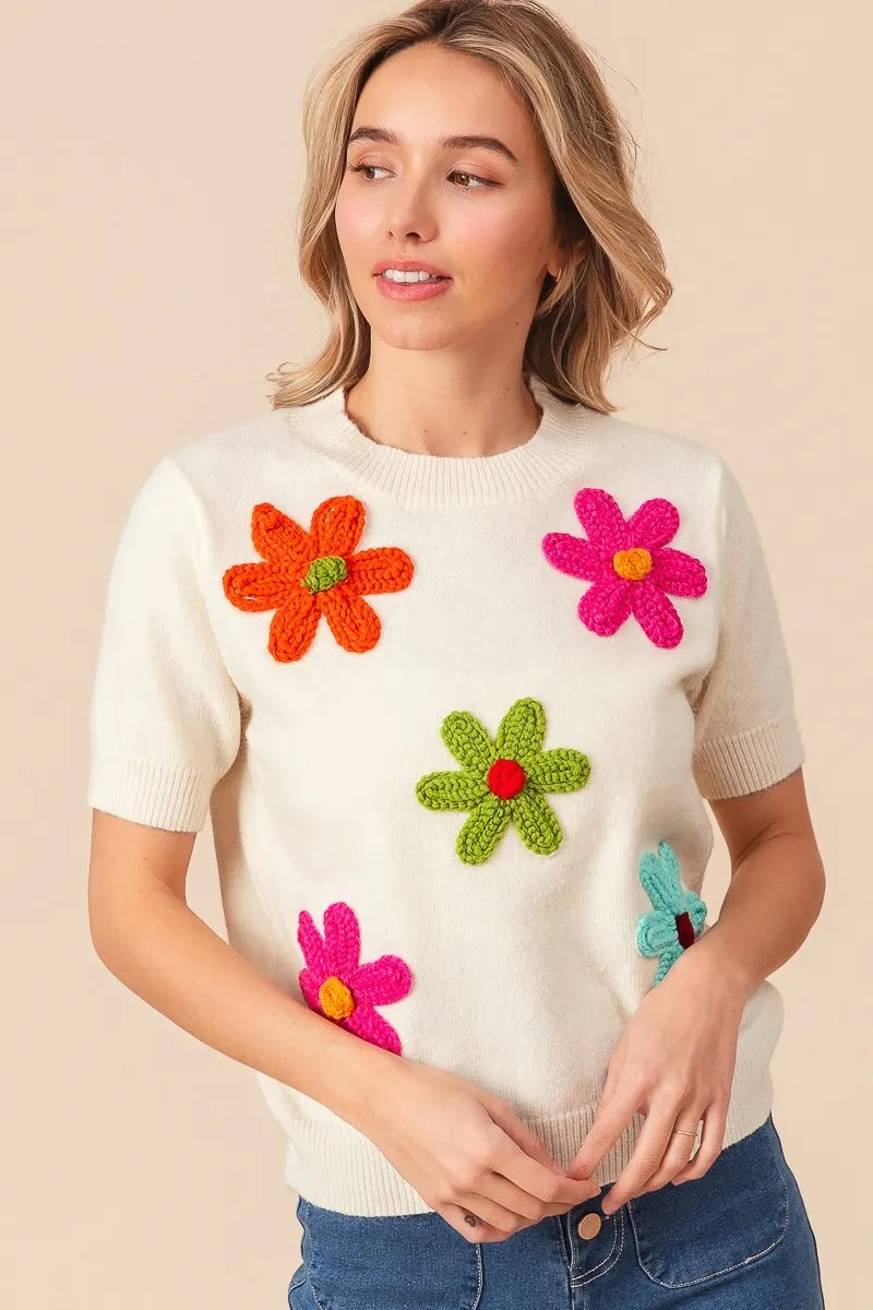 BiBi Ivory Crochet Flower Patch Sweater Top