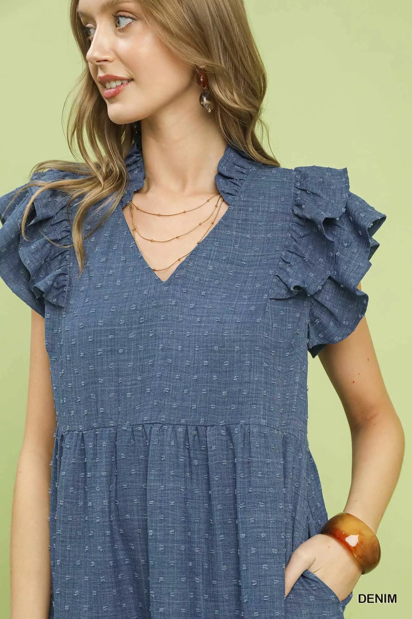 Umgee Denim Textured Ruffle Sleeve Tiered Midi Dress