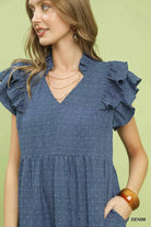 Umgee Denim Textured Ruffle Sleeve Tiered Midi Dress