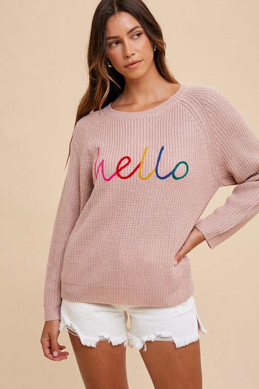 Annie Wear Mauve HELLO Embroidered Raglan Sleeve Sweater