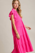 Umgee Hot Pink Johnny Collar Ruffle Cap Sleeve Tiered Dress