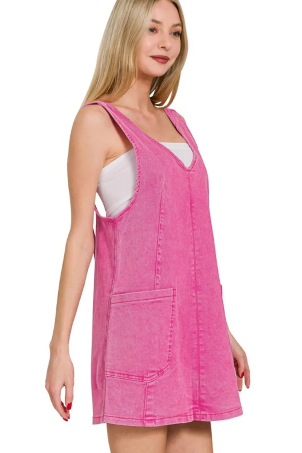 Zenana Hot Pink Washed Adjustable Strap Denim Overall Dress