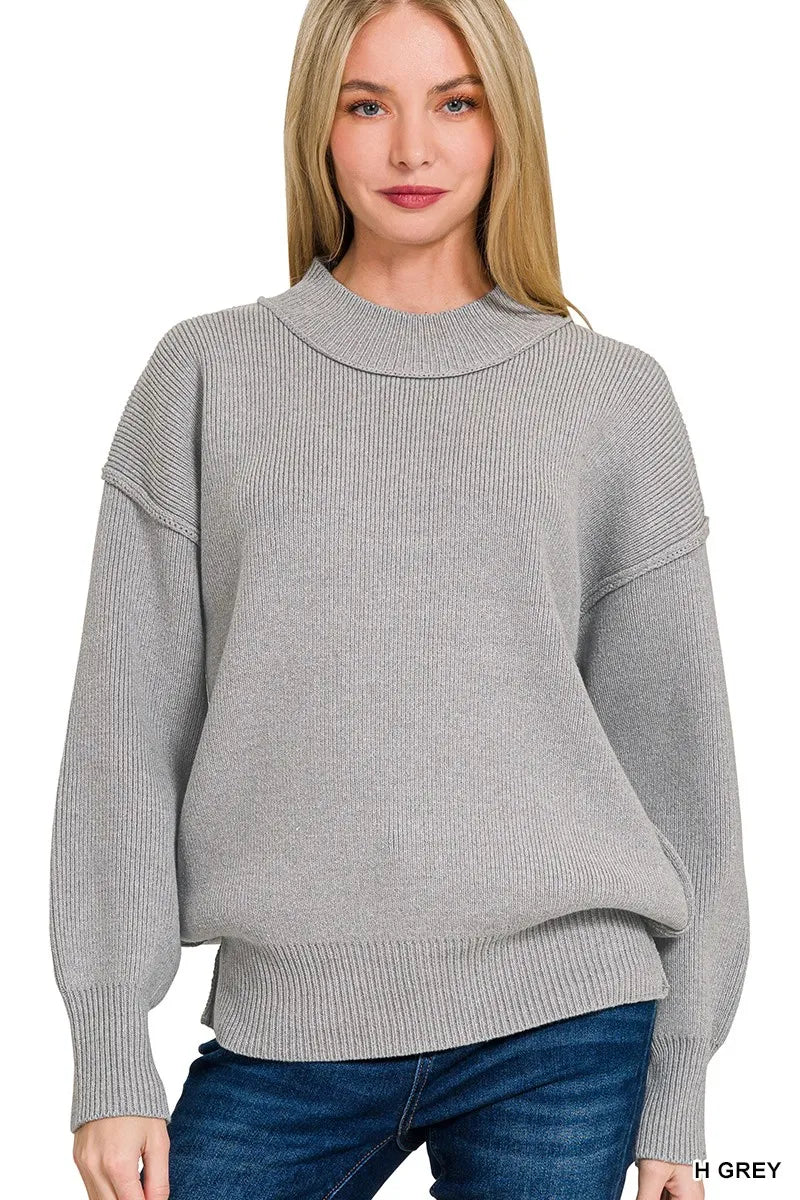 Zenana Heather Grey Wide Neckband Drop Shoulder Sweater H GREY