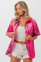 BiBi Fuchsia Leopard Print Short Sleeve Silky Satin Shirt Blouse