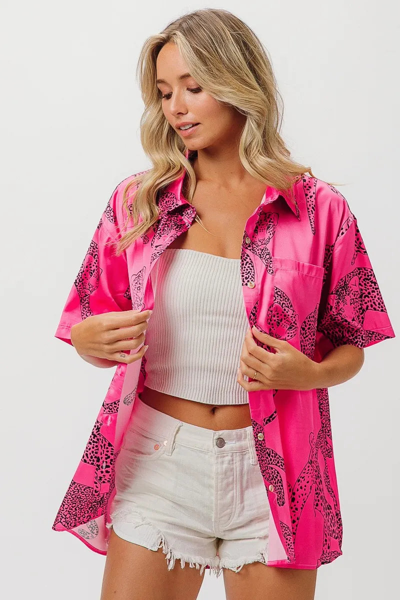 BiBi Fuchsia Leopard Print Short Sleeve Silky Satin Shirt Blouse