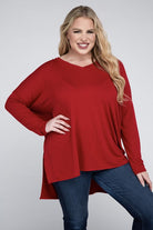 Zenana Plus Size Dolman Sleeve V-Neck Side Slit Hi-Low Hem Top ZENANA