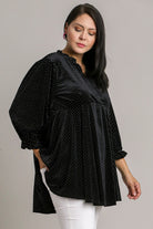 Umgee Black Beaded Frill Flounce Sleeve Velvet Babydoll Blouse Shirts & Tops