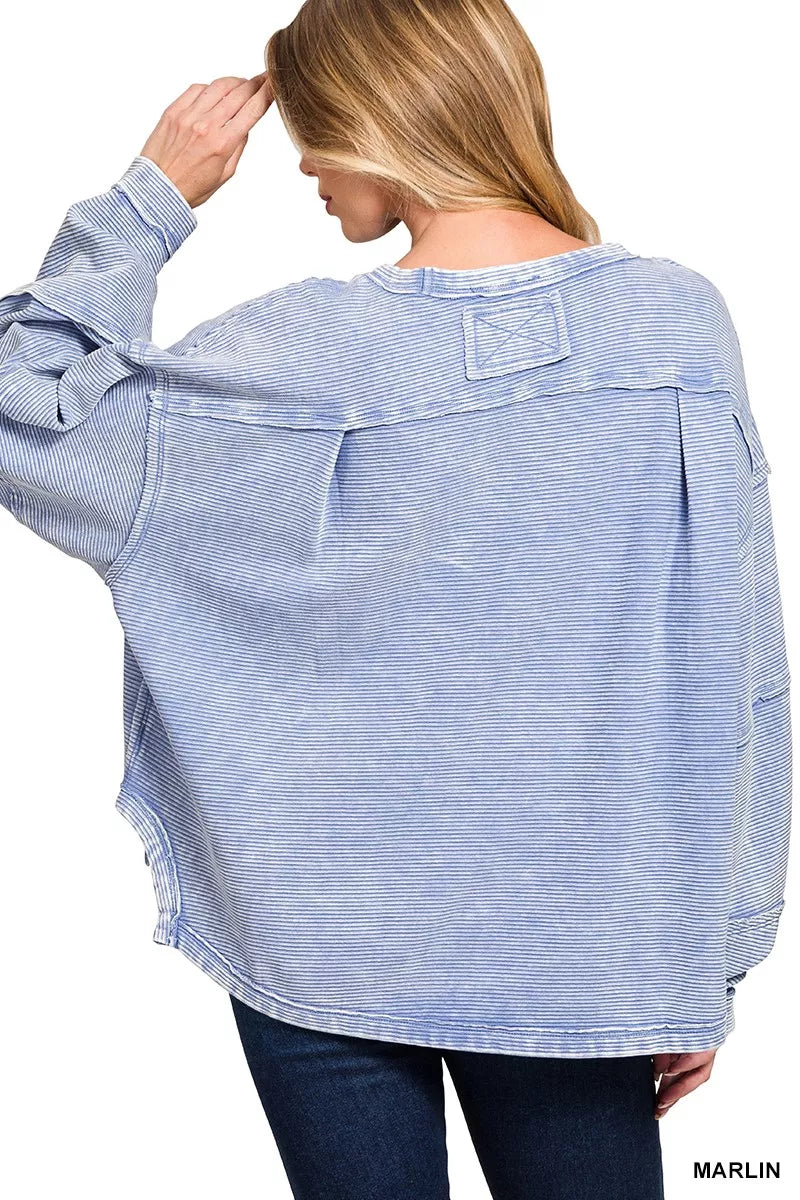 Zenana Marlin Acid Washed Exposed-Seam Sweatshirt