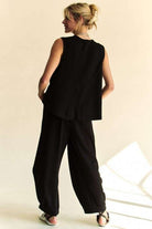 Davi & Dani Black Drawstring Hem Round Neck Tank and Pants Set Loungewear Set