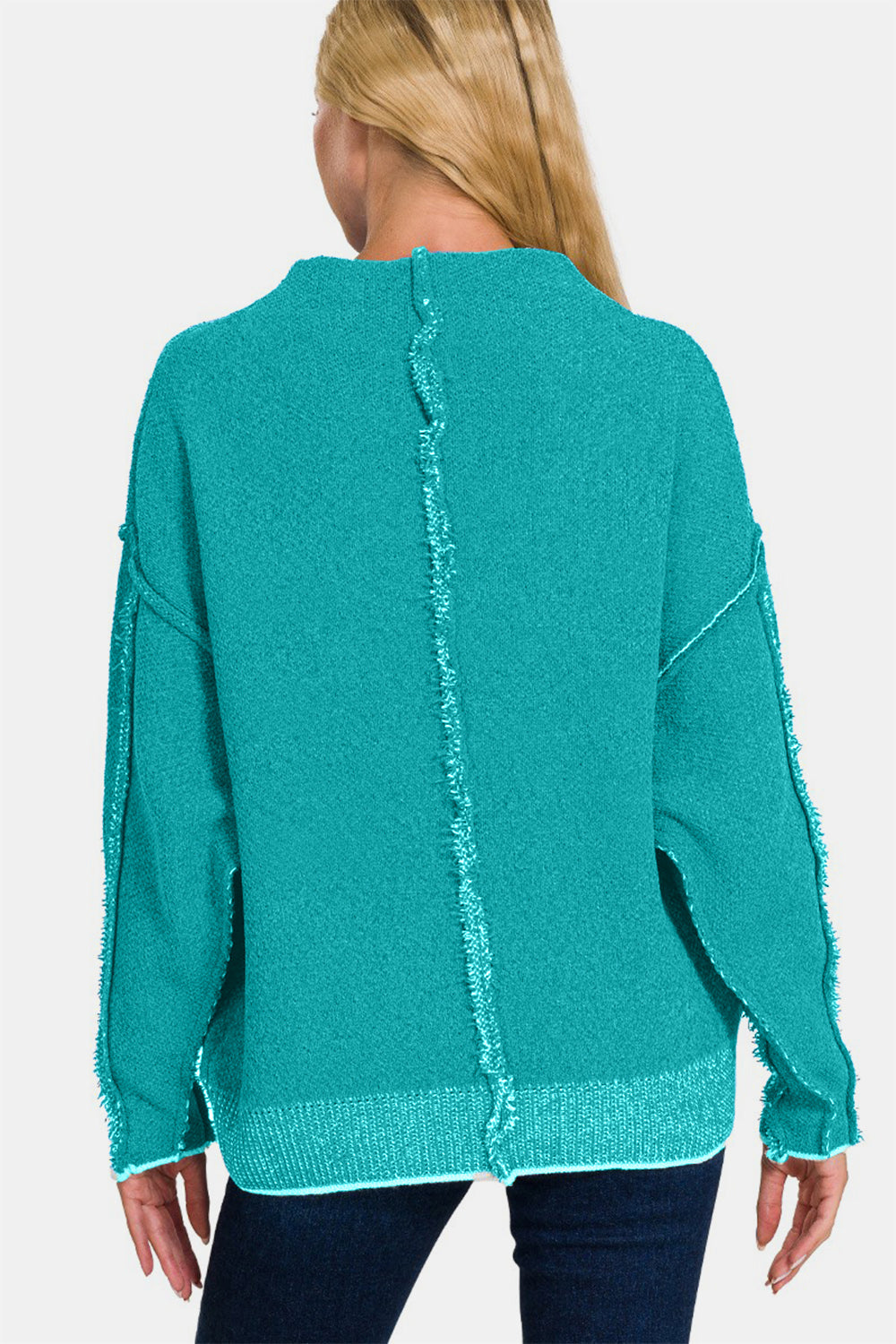 Zenana Light Teal Exposed Seam Mock Neck Long Sleeve Sweater Trendsi