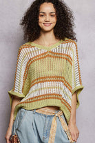 POL Lime Sage Openwork Lightweight Striped V-Neck Knit Top LIME SAGE